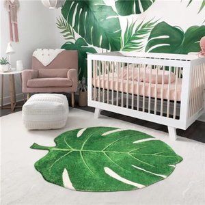 Nursery Rug 35.5 x 44 Inches Washable Kids Rug for Bedroom, Green Leaf Shaped